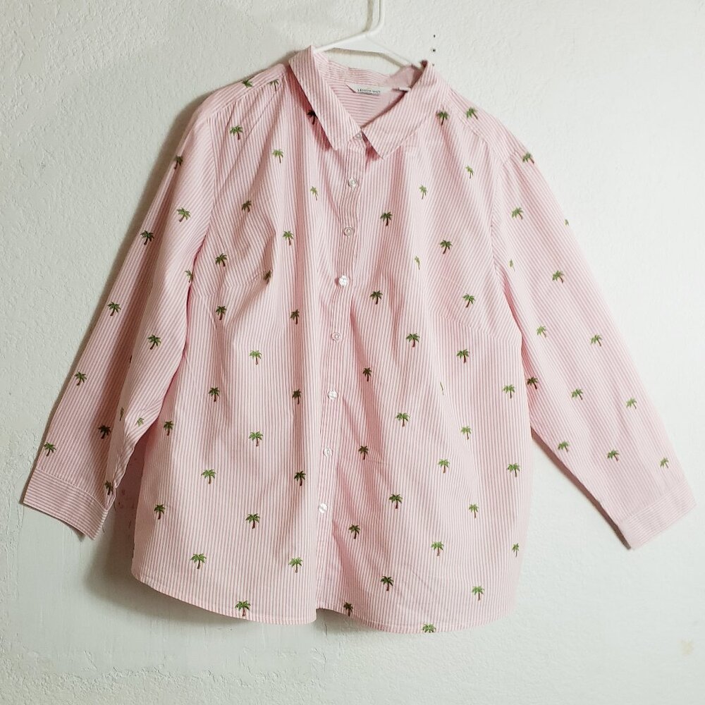Lemon Way Womens Size 2X Pink Pinstripe Embroidered Palm Tree Button Down Shirt